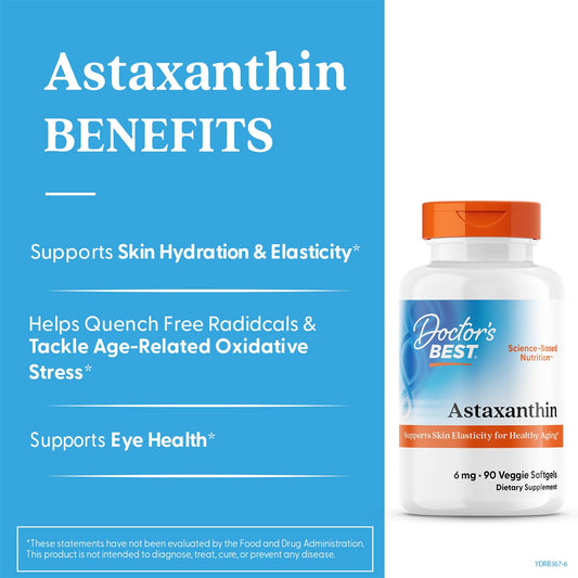 Doctor's Best Astaxanthin softgels closeup emphasizes easy-to-swallow capsules for daily wellness.