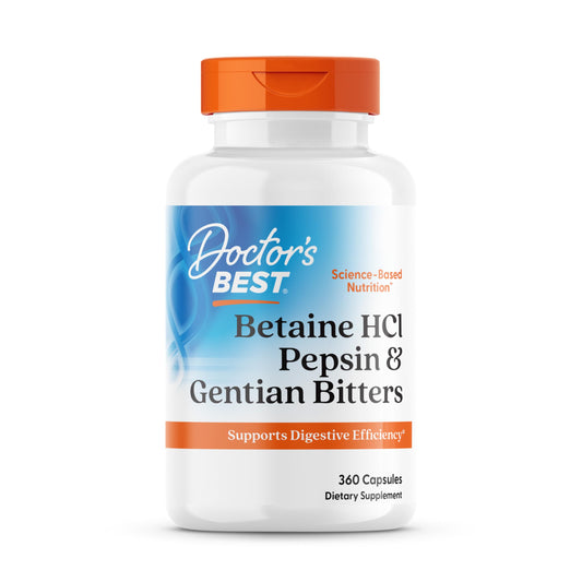 Doctor's Best Betaine HCl Pepsin bottle front view supports protein digestion.