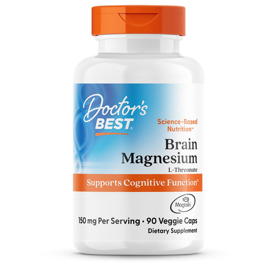 Doctor's Best Brain Magnesium bottle with Magtein supports memory and focus.
