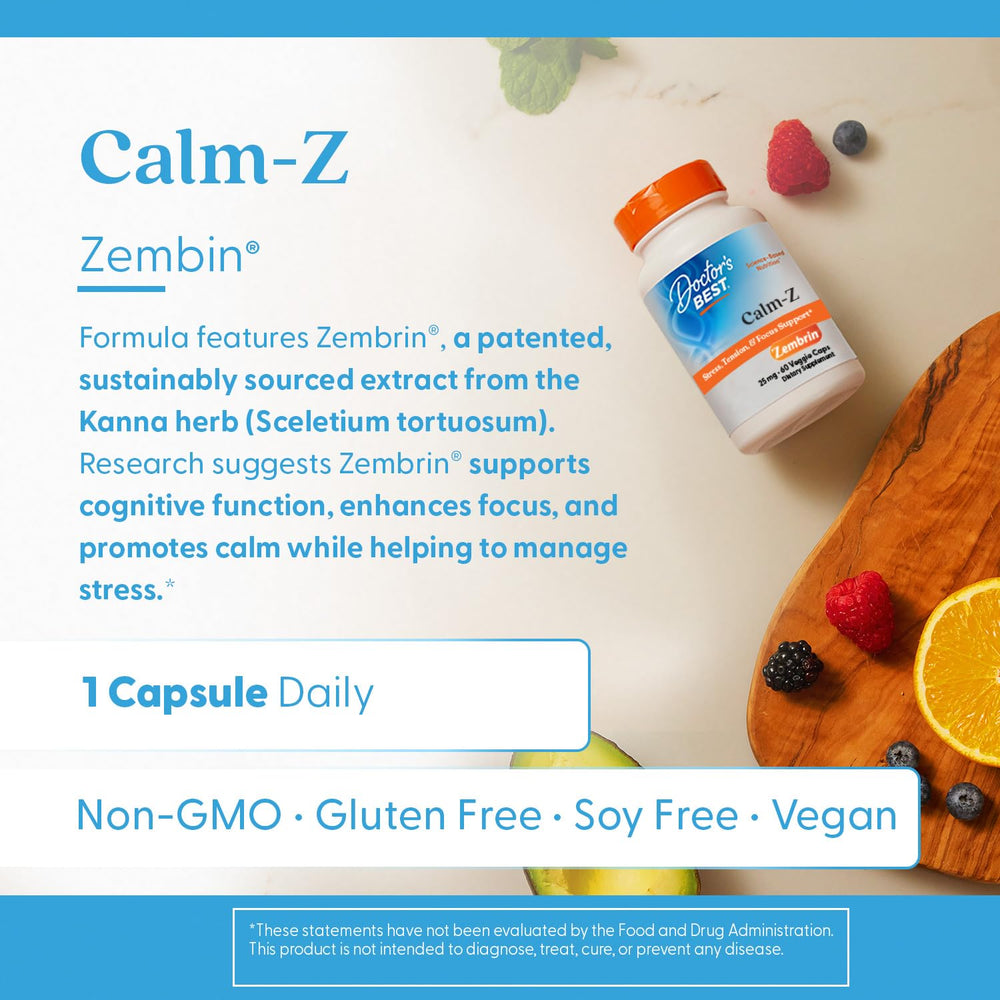 Doctor's Best Calm capsules on desk for daily stress relief