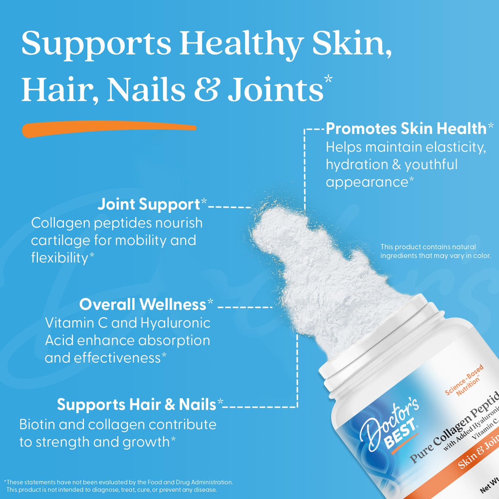Doctor's Best collagen peptides unflavored powder jar shows versatile addition to drinks.