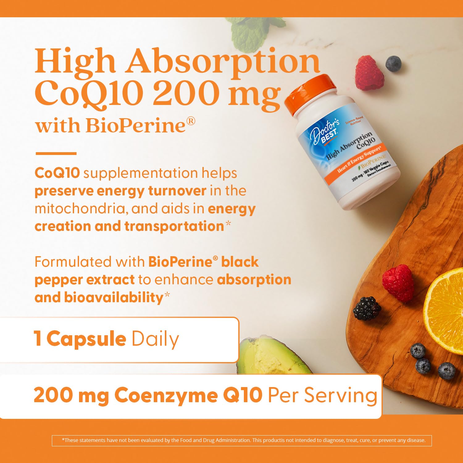 Doctor's Best CoQ10 200 mg label front shows dosing for daily use