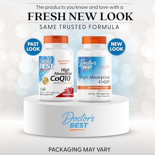 Closeup of Doctor's Best CoQ10 capsules highlighting vegan non GMO formula