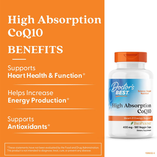 Doctors Best CoQ10 capsules close-up for convenient daily energy support.