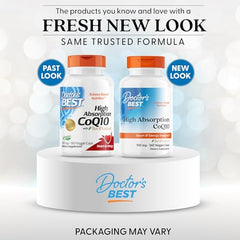 Closeup of Doctor's Best CoQ10 capsules highlighting vegan non GMO formula