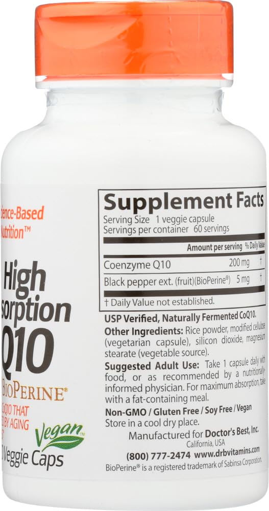 Doctors Best CoQ10 olive oil base bottle illustrating absorption-friendly formula.