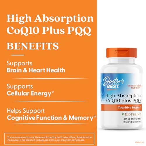 Doctor's Best CoQ10 and PQQ capsules arranged for daily cardiovascular wellness.
