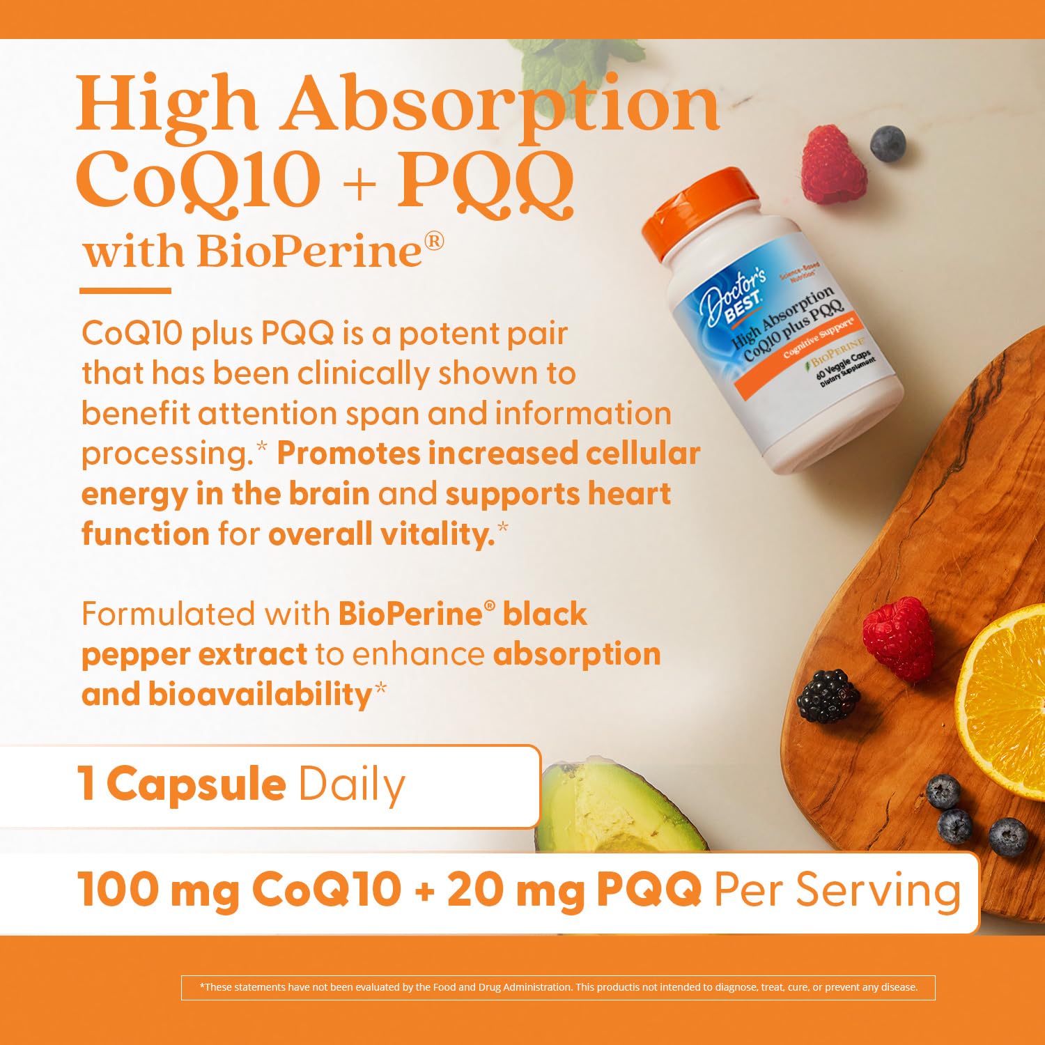 Doctor's Best CoQ10 bottle pour showing easy-to-swallow capsules.