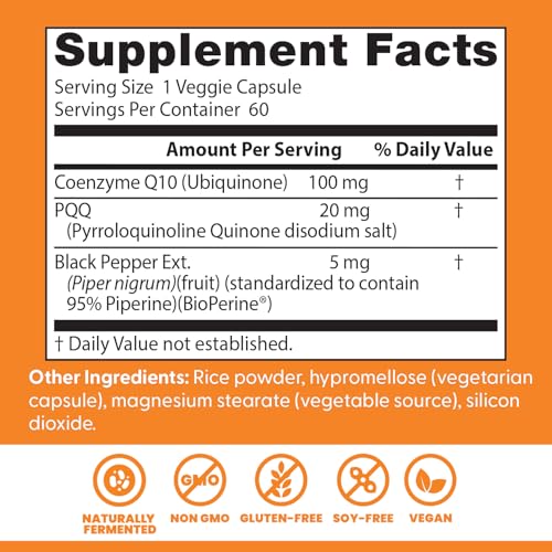 Close-up of CoQ10 and PQQ label highlighting vegan, non-GMO ingredients.