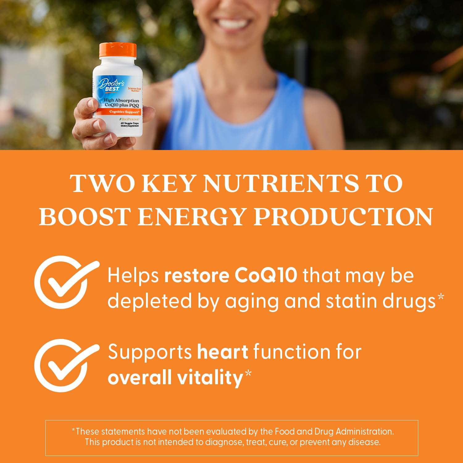 Packaging image of Doctor's Best CoQ10 with PQQ emphasizing vegan, non-GMO formula.