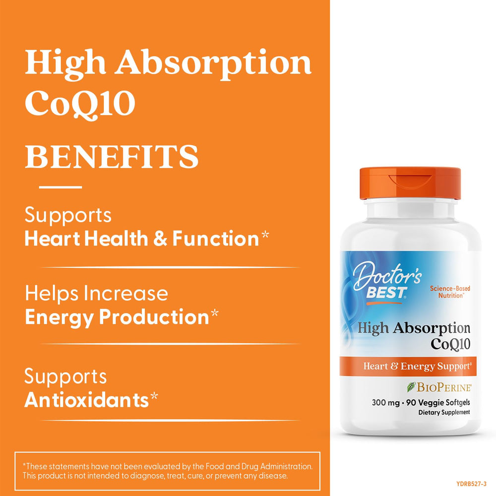 Doctor's Best CoQ10 softgels close-up highlighting 300 mg potency for daily vitality.