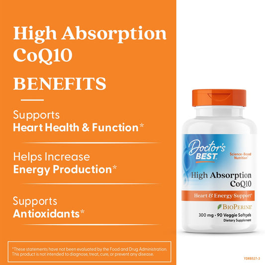 Doctor's Best CoQ10 softgels close-up highlighting 300 mg potency for daily vitality.