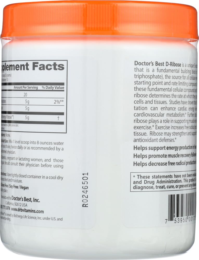 Doctor's Best D-Ribose powder with scoop ready for energy support.