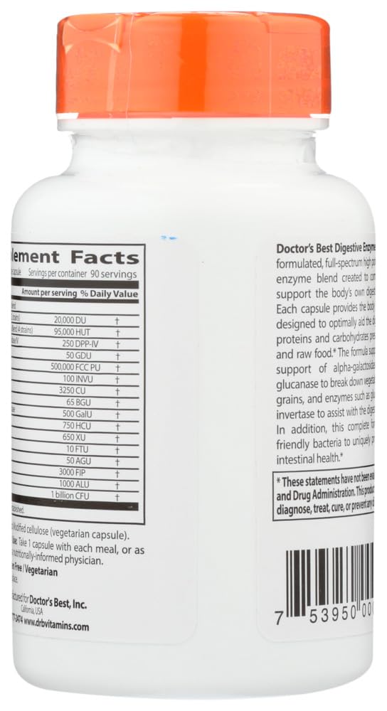 Closeup of Doctor's BEST Digestive Enzymes capsules with veggie caps