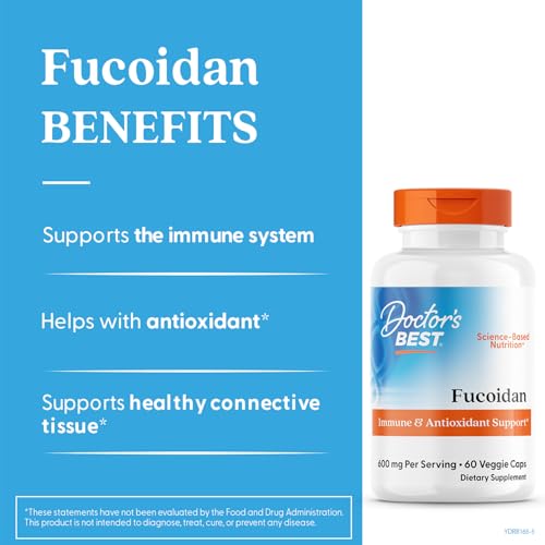 Doctors Best Fucoidan capsules close-up highlighting immune support and vegan formula.
