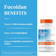 Doctors Best Fucoidan capsules close-up highlighting immune support and vegan formula.
