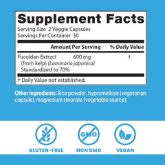 Doctors Best Fucoidan label detail shows gluten-free and vegan formula.