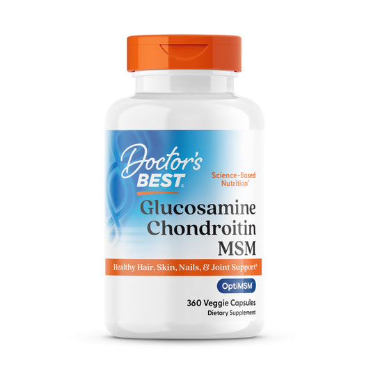 Doctor's Best glucosamine chondroitin msm bottle highlights joint support and mobility.