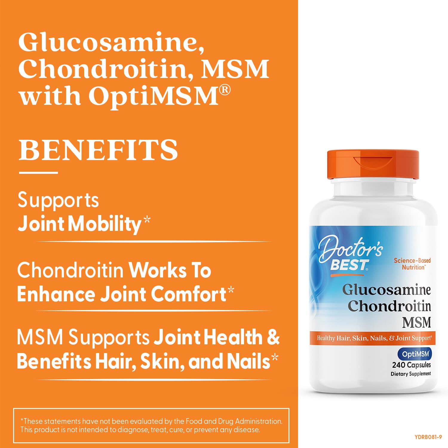 Doctor's Best glucosamine-chondroitin-msm capsules close-up illustrates portable daily joint support