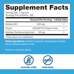 Doctor's Best Betaine HCl Pepsin bottle back panel details ingredients for digestion.