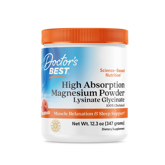 Doctor's Best high absorption magnesium powder peach bottle label promoting daily use