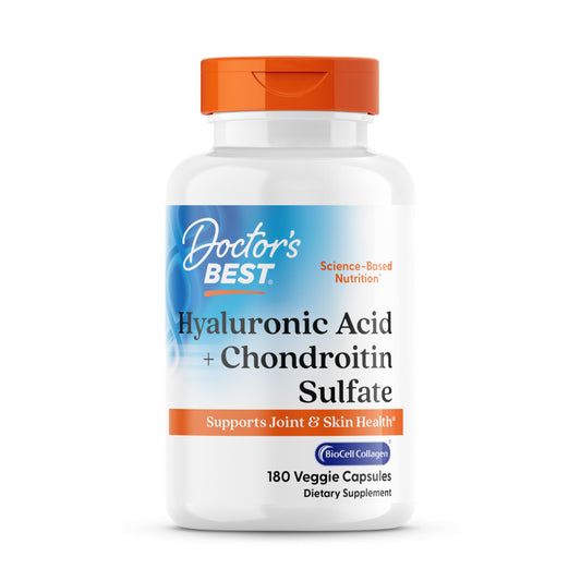 Doctor's Best Hyaluronic Acid with BioCell Collagen bottle showing joint and skin support.