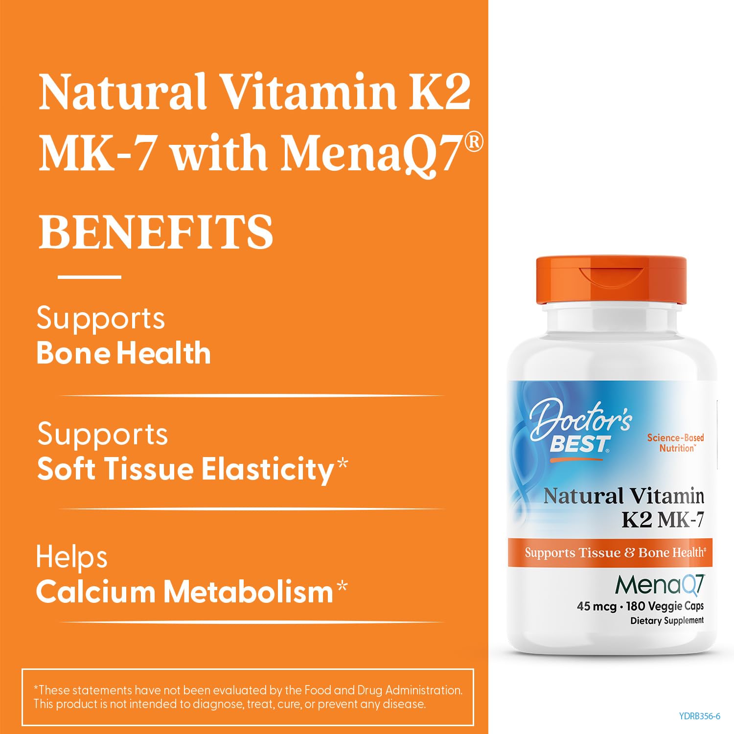 Closeup of Doctor's Best K2 MK-7 capsules, showing vegan, non-GMO details.