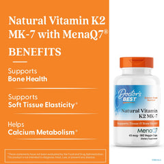 Closeup of Doctor's Best K2 MK-7 capsules, showing vegan, non-GMO details.