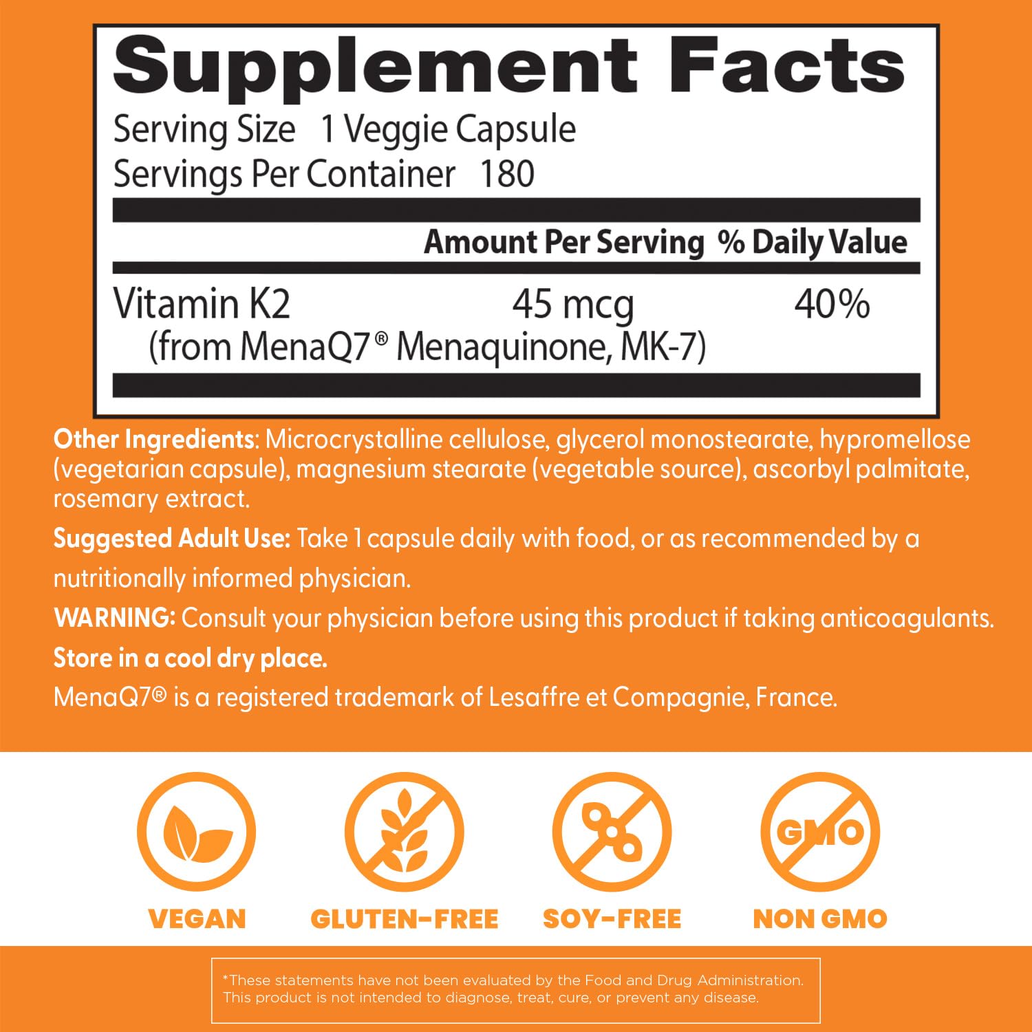 Label closeup on Doctor's Best K2 MK-7 with MenaQ7 and 45 mcg per serving.