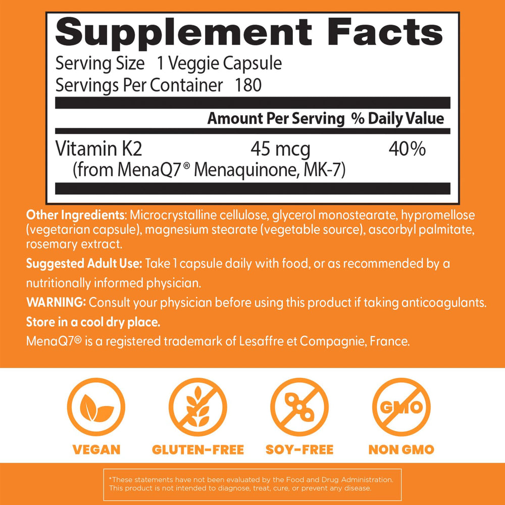 Label closeup on Doctor's Best K2 MK-7 with MenaQ7 and 45 mcg per serving.