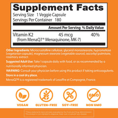 Label closeup on Doctor's Best K2 MK-7 with MenaQ7 and 45 mcg per serving.