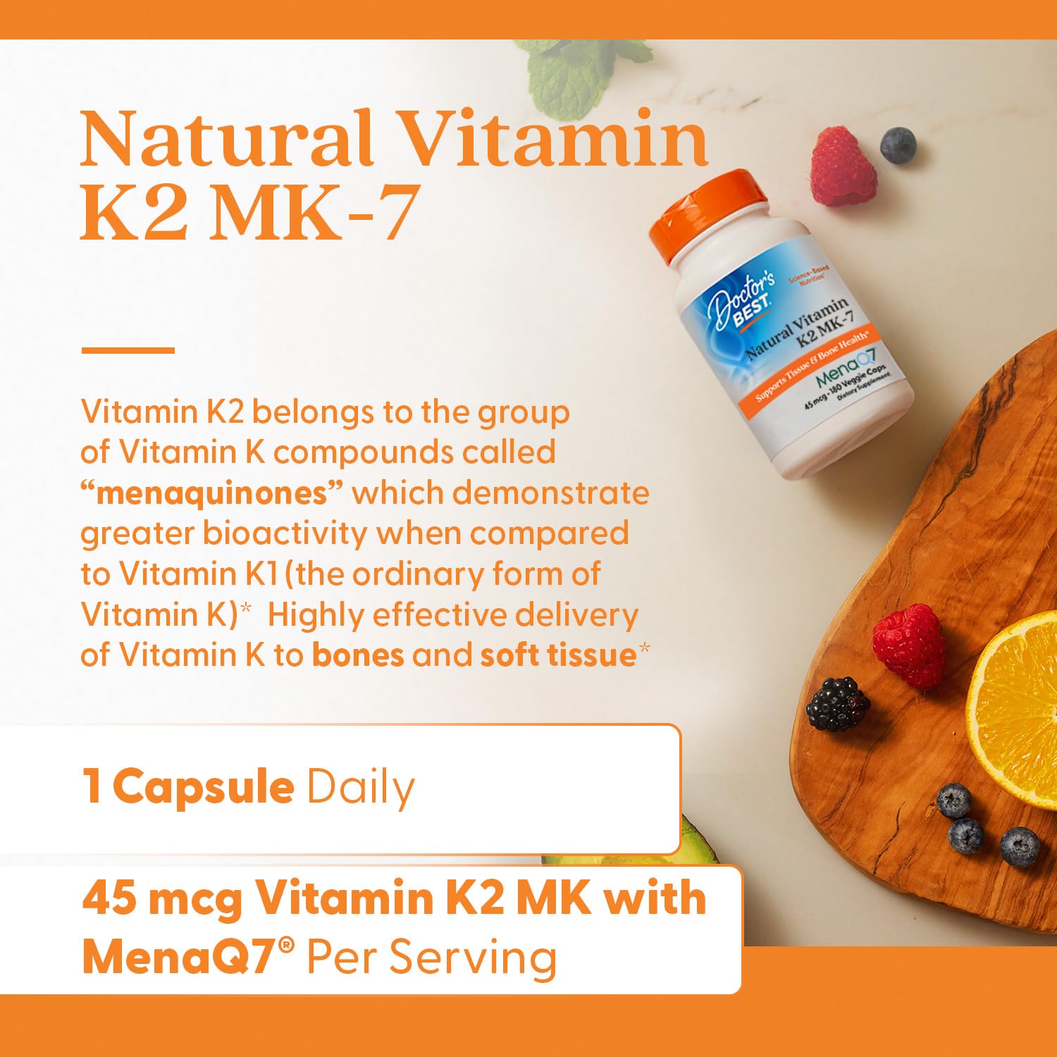 Doctor's Best K2 MK-7 vegan capsules arranged for daily use.