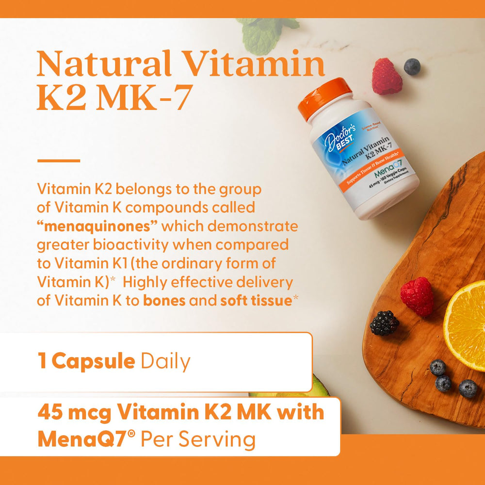 Doctor's Best K2 MK-7 vegan capsules arranged for daily use.