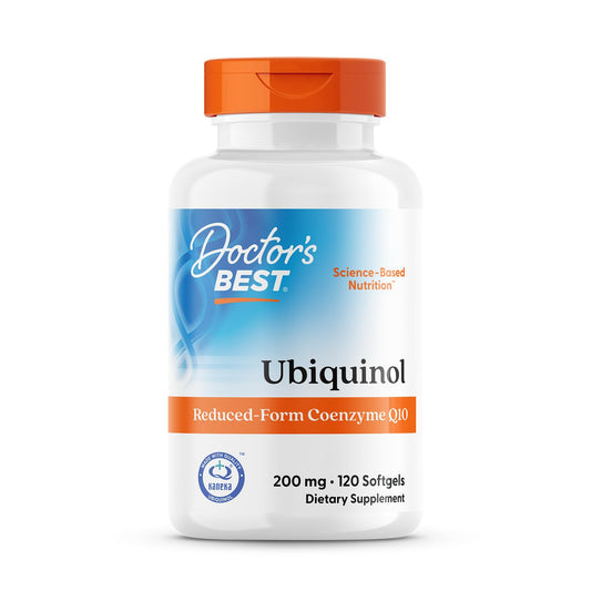 Doctor's Best Kaneka Ubiquinol 200 mg bottle, convenient daily energy support.