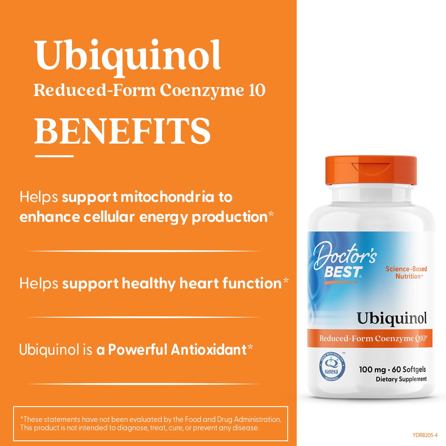 Non-GMO, gluten-free and soy-free formulation label on Doctor's Best Kaneka Ubiquinol.