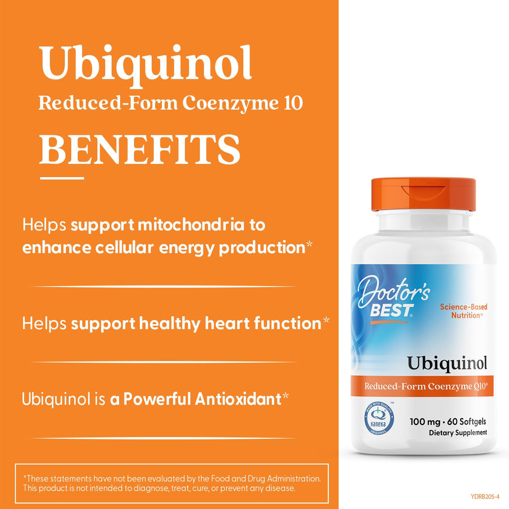 Non-GMO, gluten-free and soy-free formulation label on Doctor's Best Kaneka Ubiquinol.