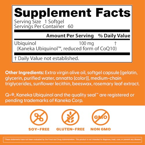 Close-up of Kaneka Ubiquinol softgels showing reduced form for absorption.