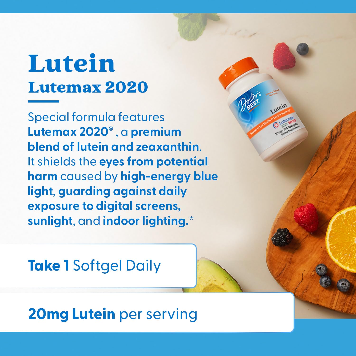 Doctor's Best Lutein bottle image demonstrates blue light protection through carotenoids.