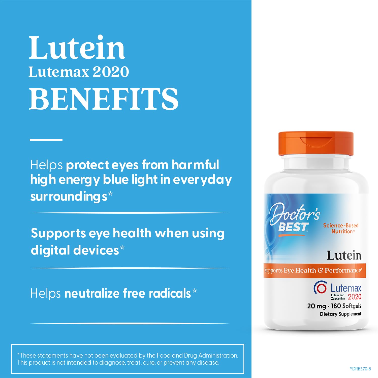 Doctor's Best Lutein capsule image shows Lutemax 2020 ingredient for eye nourishment.