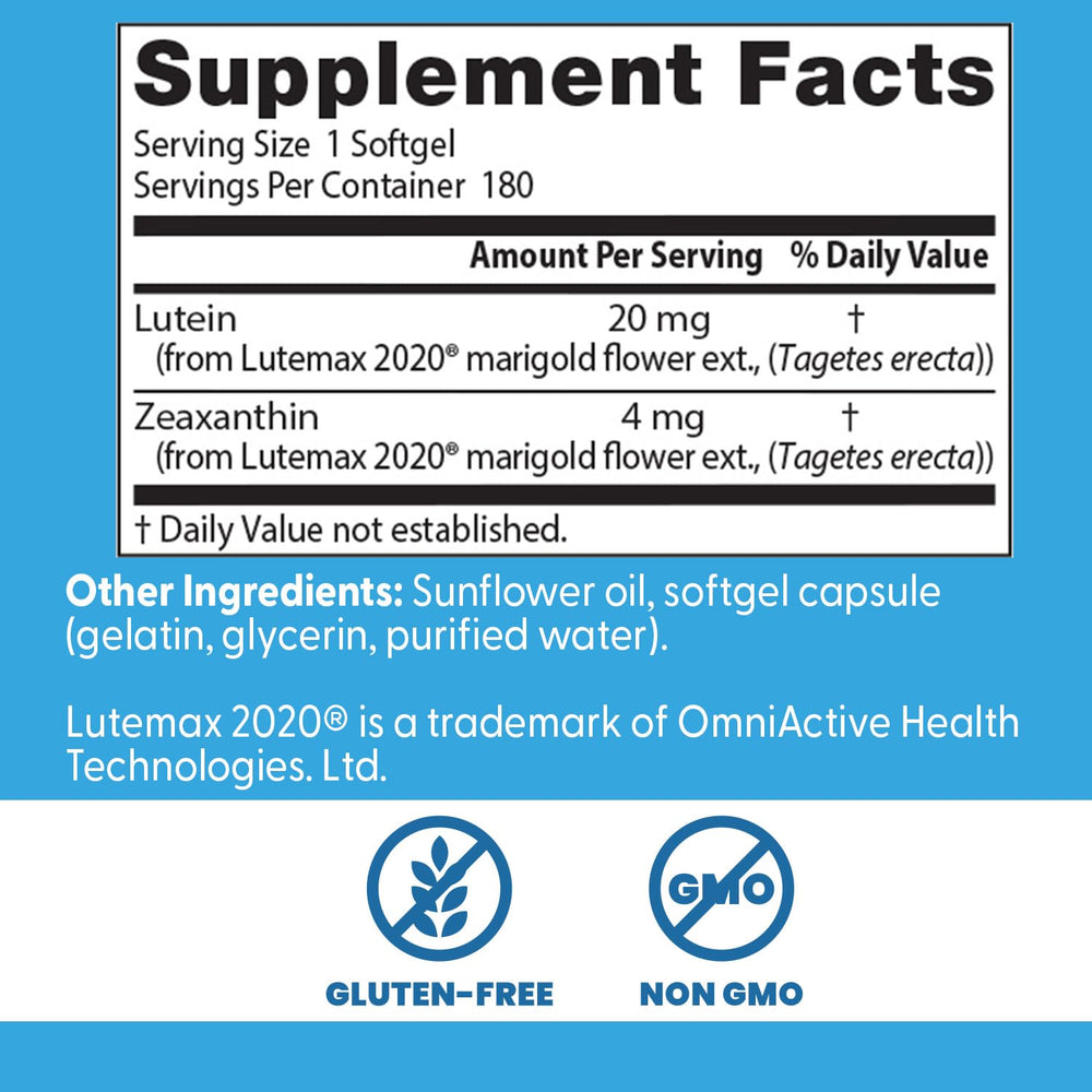 Doctor's Best Lutein Lutemax 2020 blend image highlights balanced lutein and zeaxanthin.