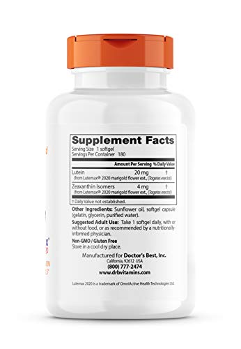 Doctor's Best Lutein softgel bottle back label reveals purity and gluten-free formula for daily use.