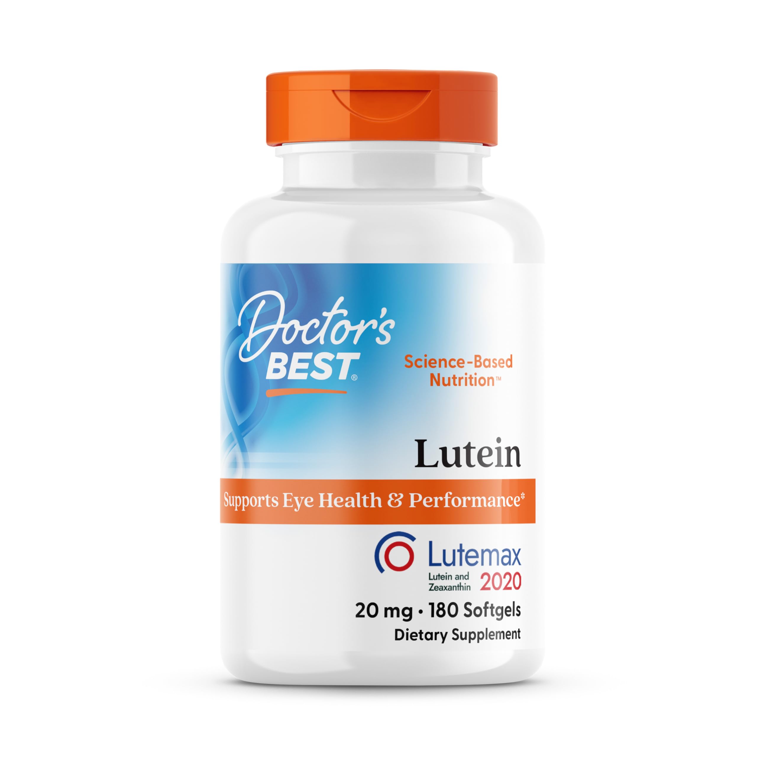 Doctor's Best Lutein softgel bottle front view shows 20 mg lutein and 4 mg zeaxanthin for eye support.