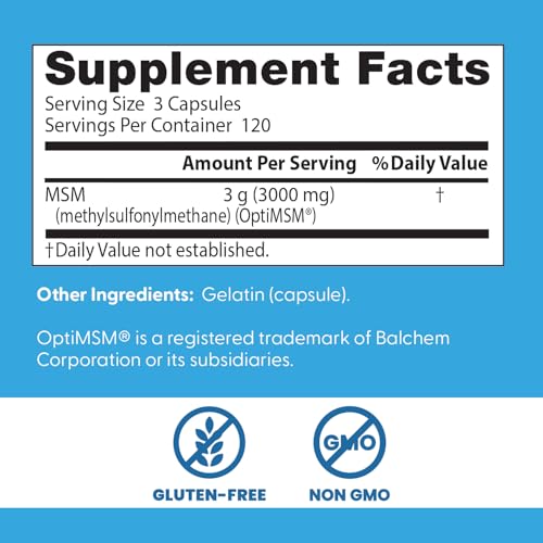 Closeup of MSM capsules highlighting 3000 mg per serving