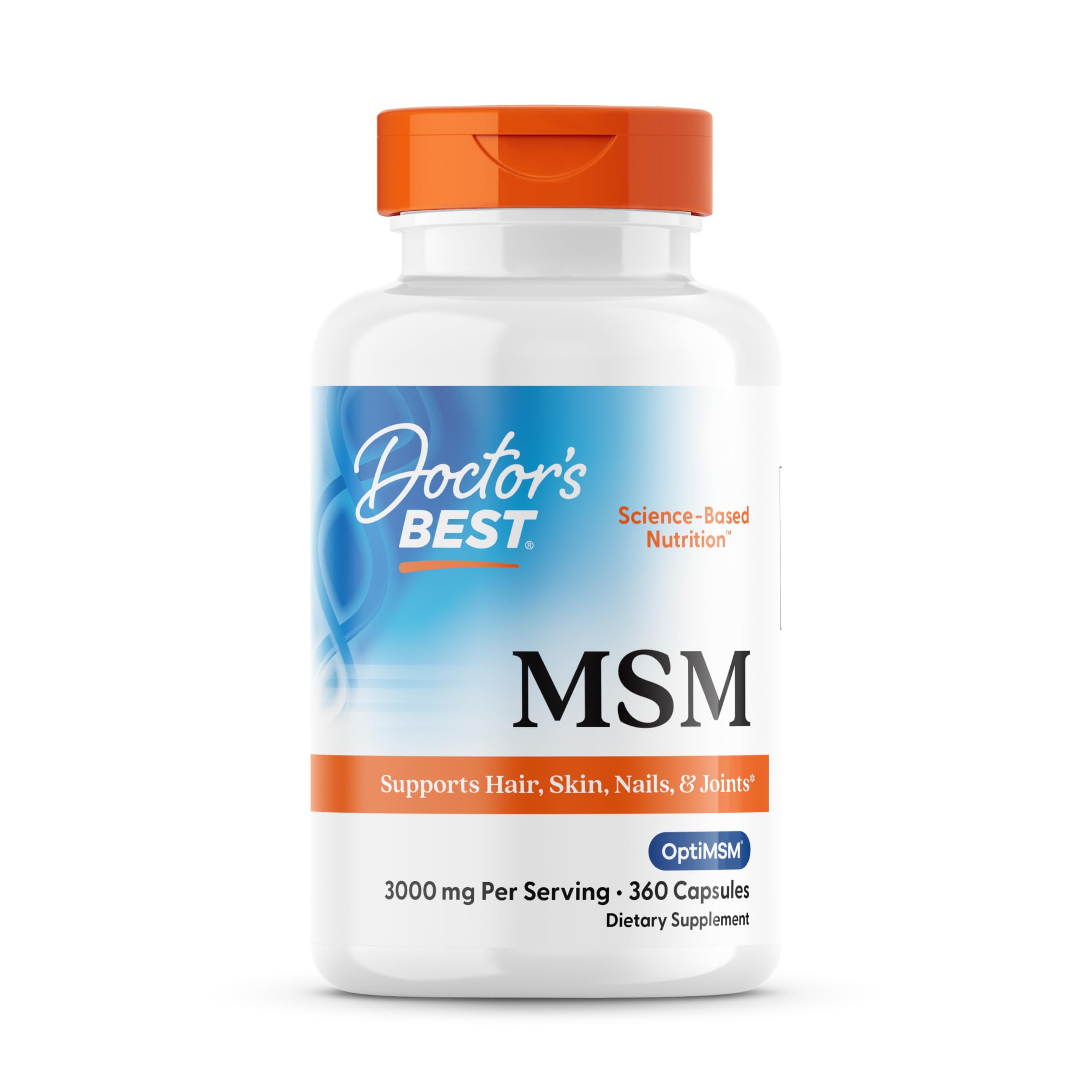 Doctor's Best MSM supplement bottle with capsules suggesting joint comfort support
