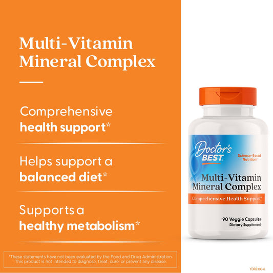 Doctor's Best multivitamin bottle label highlights vegan D3 from plant sources.