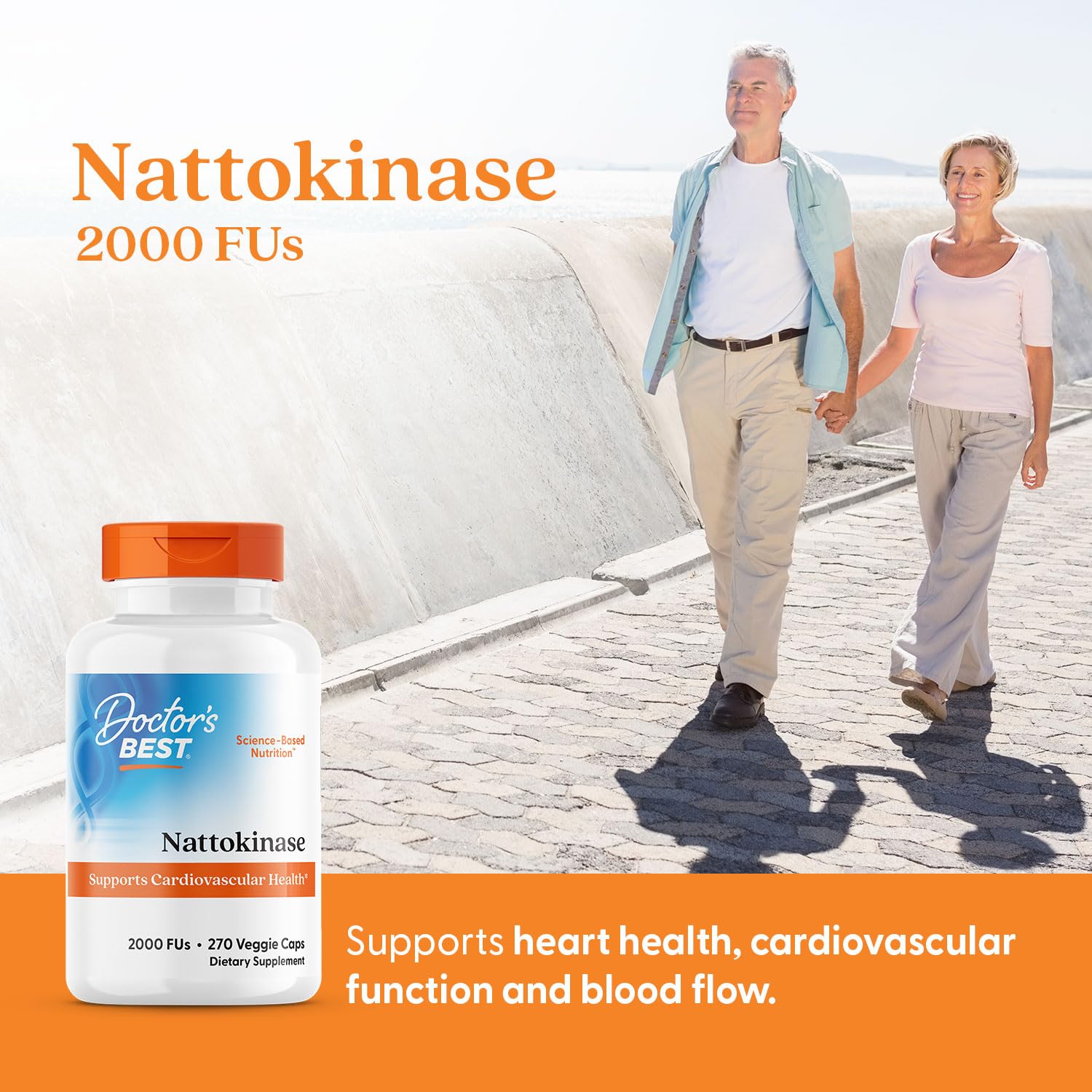 Doctors Best nattokinase visuals emphasize vegan, non-GMO, gluten-free formula