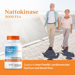 Doctors Best nattokinase visuals emphasize vegan, non-GMO, gluten-free formula