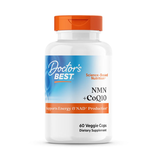 Doctor's Best NMN CoQ10 bottle closeup illustrating daily energy support