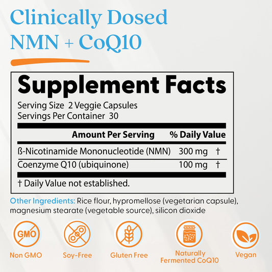 Closeup of Doctor's Best NMN CoQ10 capsules in bottle for NAD plus energy