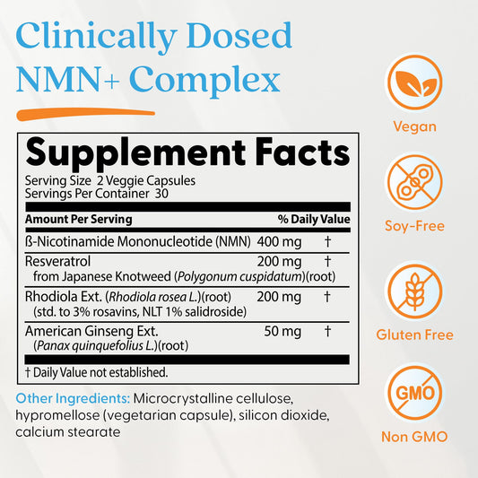Doctor's Best NMN+ Complex ingredient panel shows NMN and adaptogens